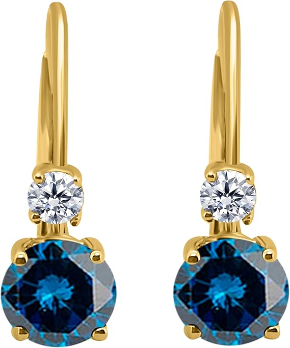 Blue & White Diamond Leverback Earring for Women | 14K Rose, White & Yellow Gold 0.50 Carat 4 Stone Round Cut Prong Setting Genuine Diamond Wedding Jewelry Collection