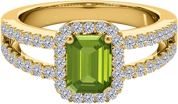 10k Yellow Gold Gemstone And Diamond Prong Set Ring With 2 Carat Emerald Cut Peridot And Diamonds, Best Valentinesday Gift