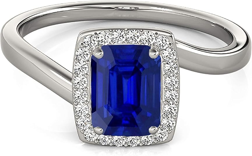 Aonejewelry 10K 1.00 Carat Created Emerald Shape Sapphire And Diamond Ring In Solid Rose, White & Yellow Gold, Best Valentinesday Gift