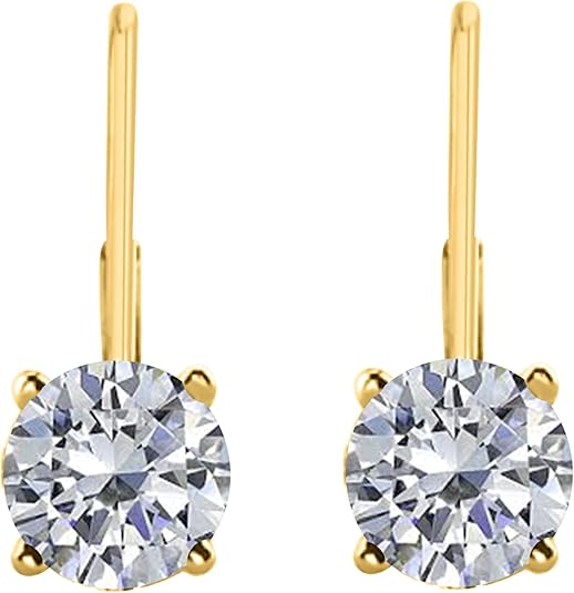 White Diamond Leverback Earring for Women | 14K Yellow Gold 0.60 Carat 2 Stone Round Cut Prong Setting