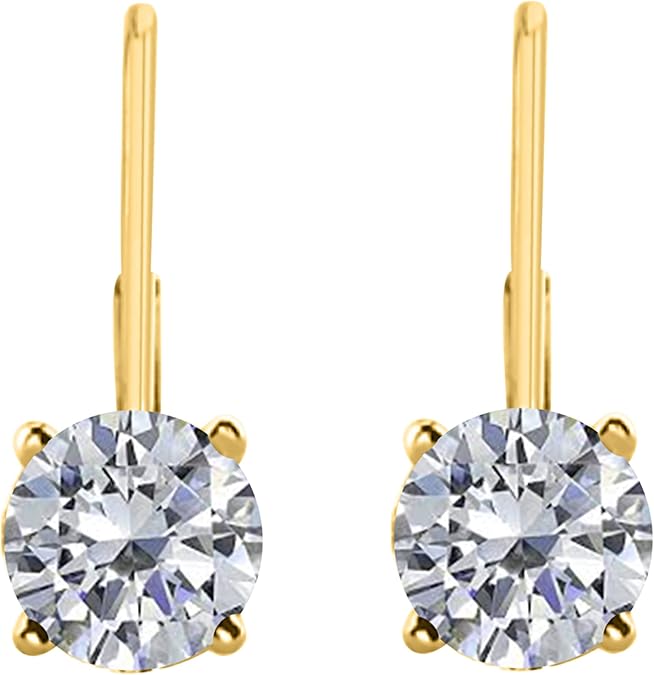 White Diamond Leverback Earring for Women| 14K Yellow Gold 0.20 Carat 2 Stone Round Cut Prong Setting