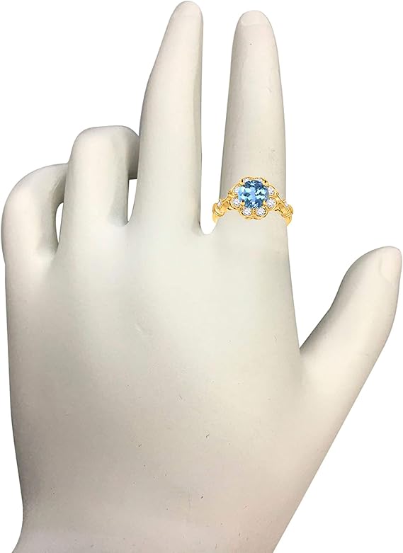1 Carat Natural Blue-Topaz Gemstone And Halo Diamond Ring In 10K Solid Rose,White & Yellow Gold, Best Valentinesday Gift