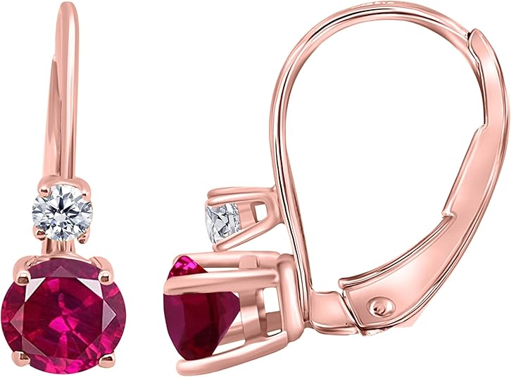 Gemstone & Diamond Leverback Earring for Women| 14K Rose,White & Yellow Gold 1.10 Carat 4 Stone Round Cut Prong Setting Genuine Diamond Wedding Jewelry Collection