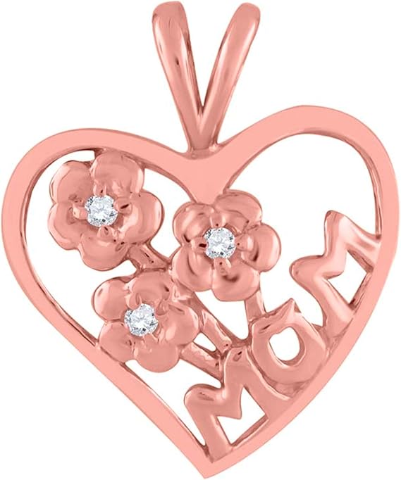Heart Shape Mom Pendant For Woman With Floral Design In Center With Round Shape Diamond Crafted In 10k Rose White And Yellow Gold With 18" Gold Plated Over 925 Sterling Silver Box Chain