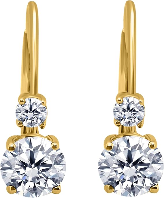 White Diamond Leverback Earring for Women| 14K Rose,White & Yellow Gold 0.75 Carat 4 Stone Round Cut Prong Setting Genuine Diamond Wedding Jewelry Collection