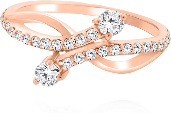 0.50 Ct Round Shape 2 Natural Diamond In Center With 28 white Side diamonds (IJ/I2-I3) Crafted In 10K Rose White And Yellow Gold Engagement wedding Ring For Women