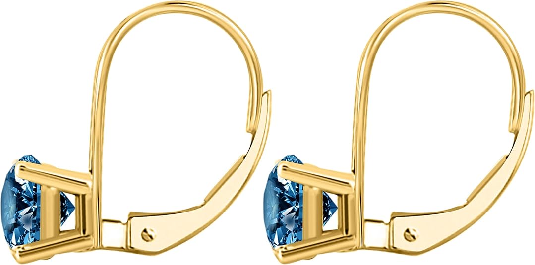 1.00 Carats Round Blue-Diamond Leverback Earrings for Women in 14K Yellow Gold | Prong-Setting Gemstone Wedding Jewelry Collection