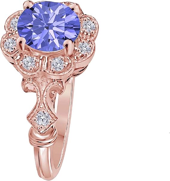 Tanzanite Halo Diamond Ring 1.00 Carat In 10K Solid Rose, White & Yellow Gold (Created Tanzanite), Best Valentinesday Gift