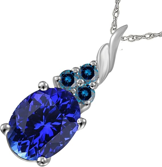 Tanzanite & Blue Diamond Pendant Necklace for Women | 14k Rose, White & Yellow Gold 1.36 carat 4 Stone Oval Shape Prong Setting 18" Silver Box Chain Necklace Wedding Jewelry Collection