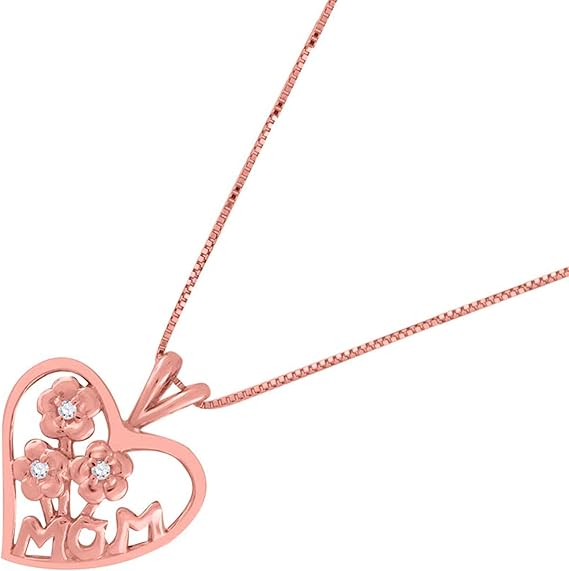 Heart Shape Mom Pendant For Woman With Floral Design In Center With Round Shape Diamond Crafted In 10k Rose White And Yellow Gold With 18" Gold Plated Over 925 Sterling Silver Box Chain