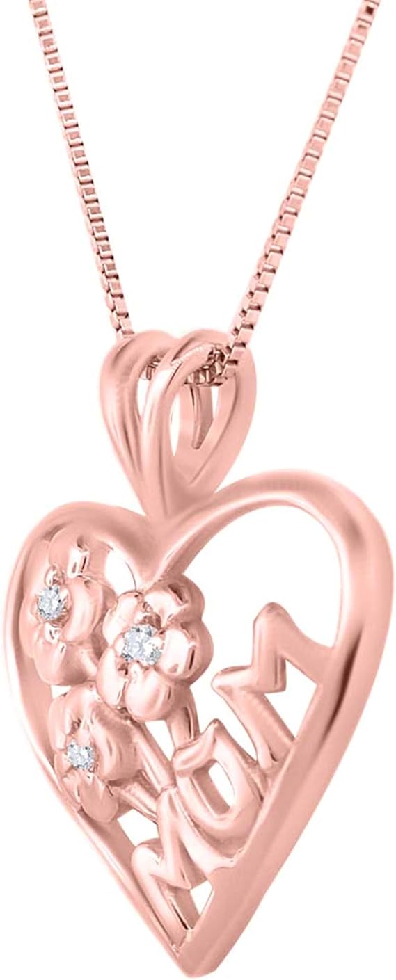 Heart Shape Mom Pendant For Woman With Floral Design In Center With Round Shape Diamond Crafted In 10k Rose White And Yellow Gold With 18" Gold Plated Over 925 Sterling Silver Box Chain