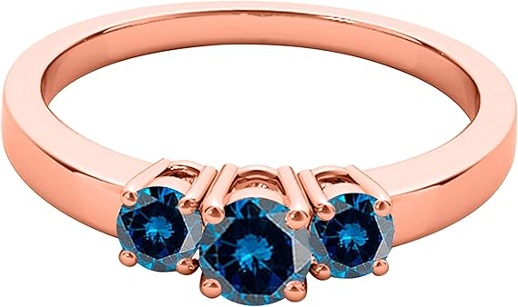 1/2 Carat Natural Blue Diamond Three Stone Ring In 14K Rose, White & Yellow Gold, Best Valentinesday Gift