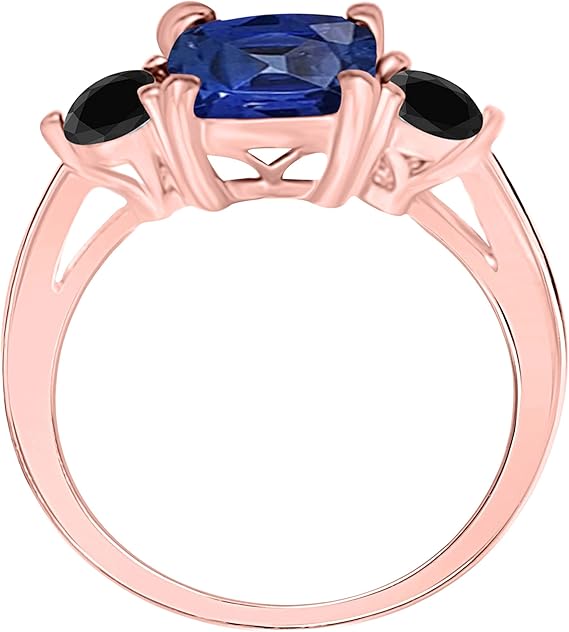 Aonejewelry 2.20 Carat Sapphire And Black Diamond Three Stone Ring In 10K Solid Rose, White & Yellow Gold, Best Valentinesday Gift