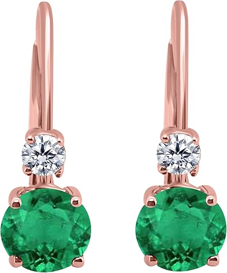 Gemstone & Diamond Leverback Earring for Women| 14K Rose,White & Yellow Gold 1.10 Carat 4 Stone Round Cut Prong Setting Genuine Diamond Wedding Jewelry Collection