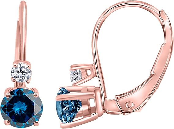 Aonejewelry2 Centre Blue Diamonds & 2 White Diamonds 0.30 Carats Earrings for Women In 14k Rose, White & Yellow Gold Prong-Setting Gemstone Wedding Jewelry Collection