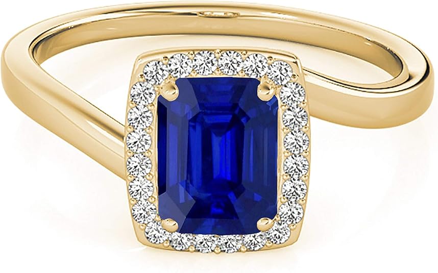 Aonejewelry 10K 1.00 Carat Created Emerald Shape Sapphire And Diamond Ring In Solid Rose, White & Yellow Gold, Best Valentinesday Gift