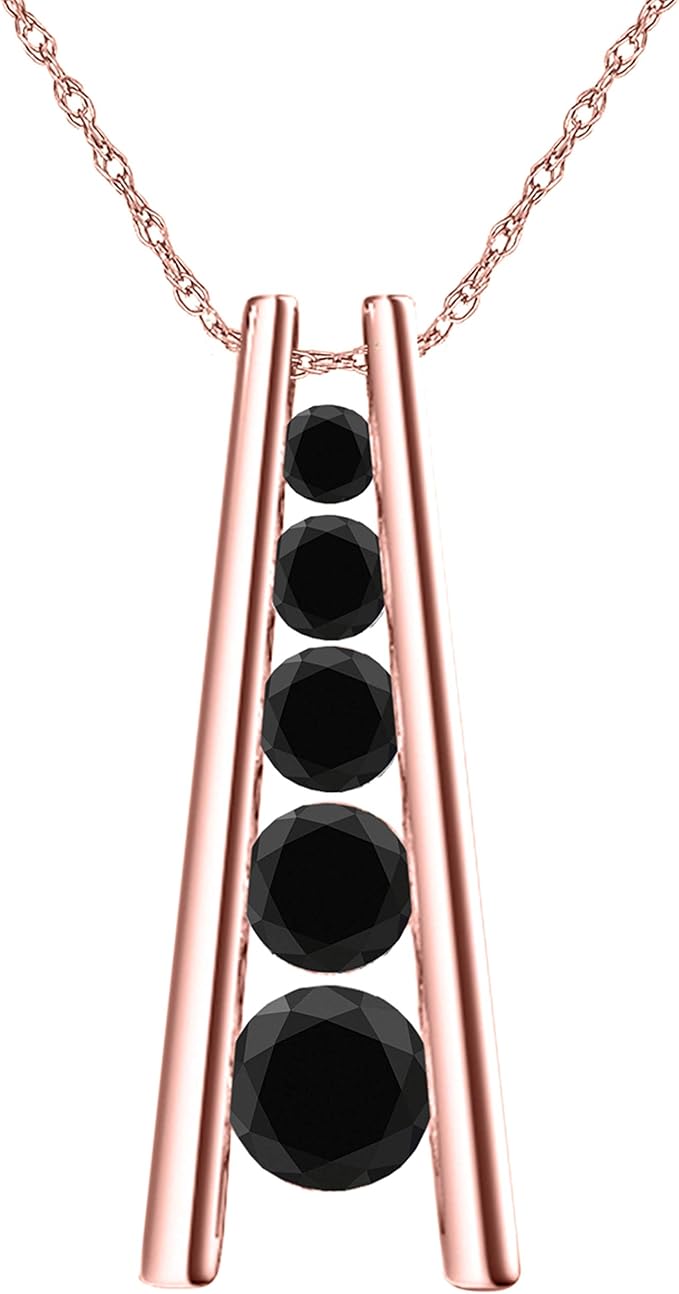 1.00 Carat 5 Stone Natural Black Diamond Straight Bar Design Pendant Necklace For Woman Crafted In 10k Rose White And Yellow Gold With 18" Gold Plated Over 925 Sterling Silver Box Chain