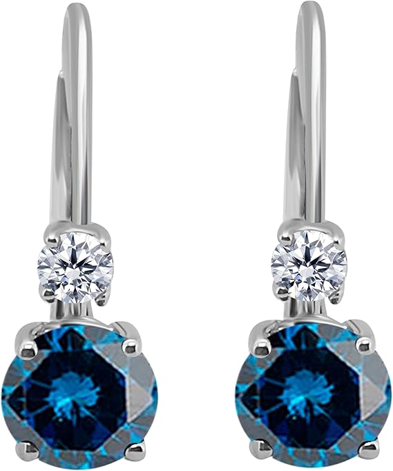 Blue & White Diamond Leverback Earring for Women| 14K Rose,White & Yellow Gold 0.75 Carat 4 Stone Round Cut Prong Setting Genuine Diamond Wedding Jewelry Collection
