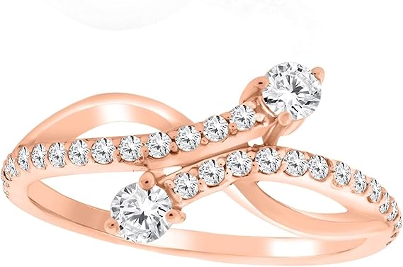 0.50 Ct Round Shape 2 Natural Diamond In Center With 28 white Side diamonds (IJ/I2-I3) Crafted In 10K Rose White And Yellow Gold Engagement wedding Ring For Women