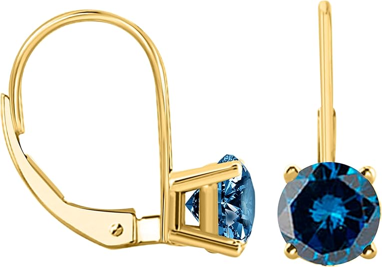 1.00 Carats Round Blue-Diamond Leverback Earrings for Women in 14K Yellow Gold | Prong-Setting Gemstone Wedding Jewelry Collection