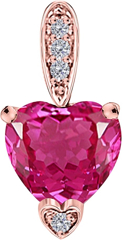 1.15 Carat Heart Shape Gemstone With 4 Side Round White Diamond Design Pendant Necklace For Woman Crafted In 10k Rose Gold With 18" Gold Plated Over 925 Sterling Silver Box Chain