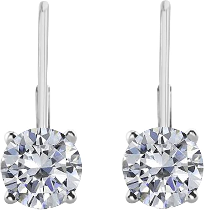 White Diamond Leverback Earring for Women| 14K White Gold 0.40 Carat 2 Stone Round Cut Prong Setting