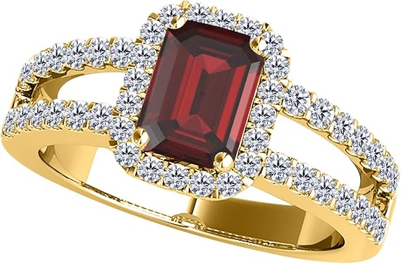 2 Carat Gemstone Prong Set Ring in 10k Gold (Rose, White, Yellow) With Emerald Cut Garnet And Diamonds, Best Valentinesday Gift