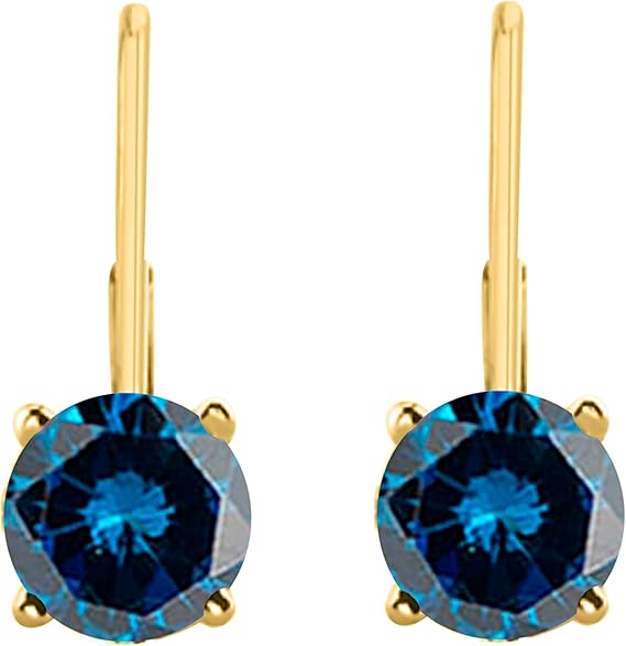 Blue Diamond Leverback Earring for Women| 14K White & Yellow Gold 0.20 Carat 2 Stone Round Cut Prong Setting Genuine Diamond Wedding Jewelry Collection