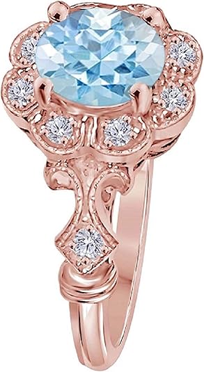 1 Carat Round Shape Natural Aquamarine Gemstone And Halo Diamond Ring In 10K Solid Rose,White & Yellow Gold, Best Valentinesday Gift
