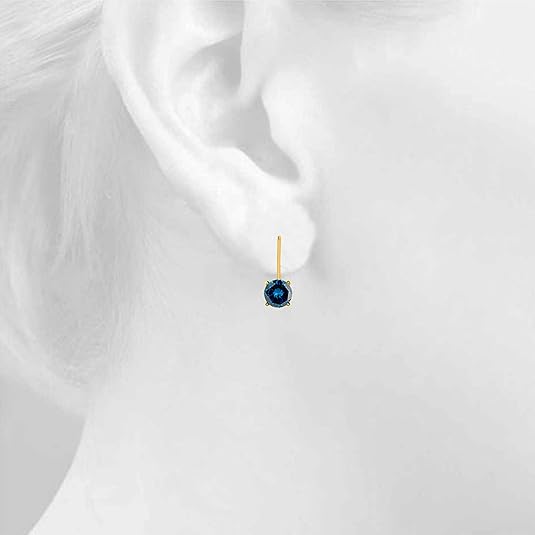 1.00 Carats Round Blue-Diamond Leverback Earrings for Women in 14K Yellow Gold | Prong-Setting Gemstone Wedding Jewelry Collection