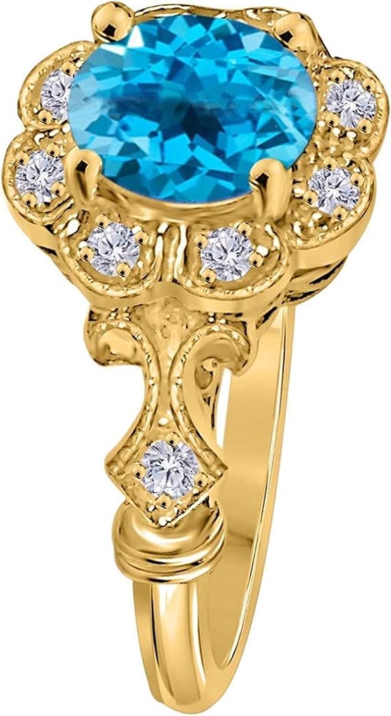 1 Carat Natural Blue-Topaz Gemstone And Halo Diamond Ring In 10K Solid Rose,White & Yellow Gold, Best Valentinesday Gift