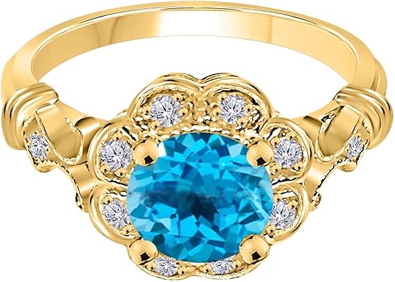 1 Carat Natural Blue-Topaz Gemstone And Halo Diamond Ring In 10K Solid Rose,White & Yellow Gold, Best Valentinesday Gift