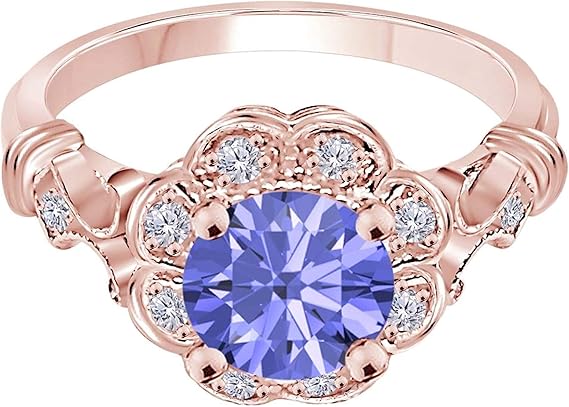 Tanzanite Halo Diamond Ring 1.00 Carat In 10K Solid Rose, White & Yellow Gold (Created Tanzanite), Best Valentinesday Gift