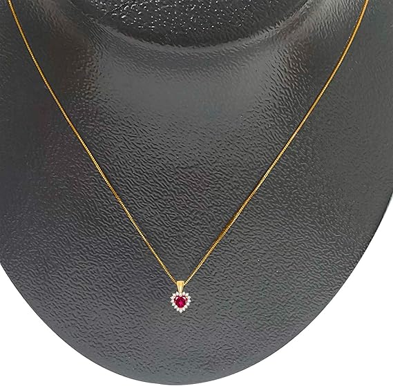 3/4 Carat Heart Shape Created Ruby Gemstone In Center With 16 Side White Diamond Pendant Necklace For Woman Crafted In 10k Rose White & Yellow Gold With 18" Gold Plated Over 925 Sterling Silver Box Chain