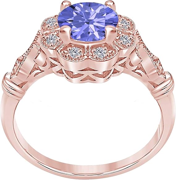 Tanzanite Halo Diamond Ring 1.00 Carat In 10K Solid Rose, White & Yellow Gold (Created Tanzanite), Best Valentinesday Gift