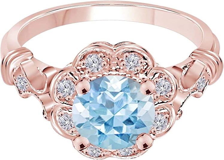 1 Carat Round Shape Natural Aquamarine Gemstone And Halo Diamond Ring In 10K Solid Rose,White & Yellow Gold, Best Valentinesday Gift