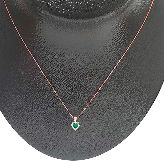 3/4 Carat Heart Shape Created Emerald Gemstone In Center With 16 Side White Diamond Pendant Necklace For Woman Crafted In 10k Rose White & Yellow Gold With 18" Gold Plated Over 925 Sterling Silver Box Chain