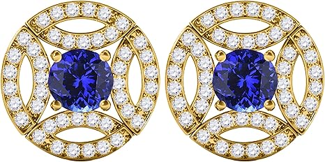 Gemstone Diamond Studs Earrings For Women 1.50 Carat 5MM Round Tanzanite With Natural Round White Diamond Studs Push Back Earrings For Ladies In 10K Solid Rose White Yellow Gold Best Jewelry Gift For Her By Aone Jewelry