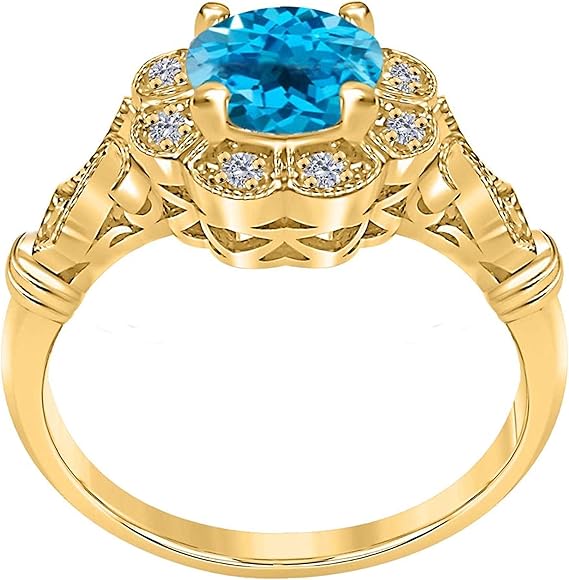 1 Carat Natural Blue-Topaz Gemstone And Halo Diamond Ring In 10K Solid Rose,White & Yellow Gold, Best Valentinesday Gift
