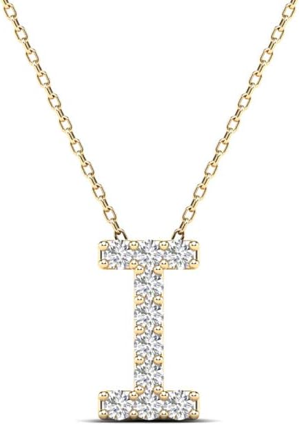 AoneJewelry 0.10 Carat Natural White Diamond Initial I Pendant Necklace For Women In 14K Yellow and White Gold with 18 Inch Gold Cable Chain