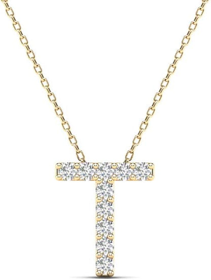 AoneJewelry 0.10 Carat Natural White Diamond Initial T Pendant Necklace For Women In 14K Yellow and White Gold with 18" Gold Cable Chain