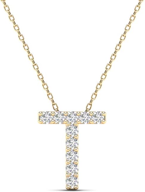 AoneJewelry 0.10 Carat Natural White Diamond Initial T Pendant Necklace For Women In 14K Yellow and White Gold with 18" Gold Cable Chain