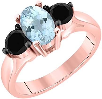 1.50 Carat Oval Shape Aquamarine And Black Diamond Ring in 10K Solid Rose Gold, Best Valentinesday Gift