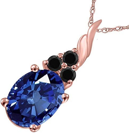 14k Rose, White, Yellow Gold Dangling Style Pendant Necklace For Women With 1.35 Cttw Oval Shape Sapphire And Black Diamonds, Best Valentinesday Gift