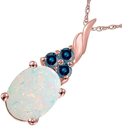 Dangling Style Pendant Necklace For Women In 14k Gold (Rose, White, Yellow) With 1.35 Cttw Oval Shape Opal And Blue Diamonds By Aone Jewelry, Best Valentinesday Gift