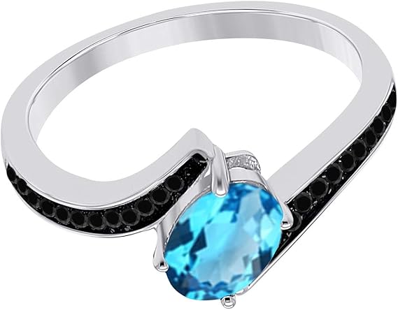 Aonejewelry 1.00 Carat 14K Yellow, White Rose Gold Blue-Topaz And Black Diamond Ring, Best Valentinesday Gift