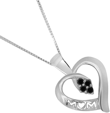 Natural Black Diamond In Center Heart Shape Mom Pendant For Your Mother Crafted In 925 Sterling Silver With 18" Gold Plated Over 925 Sterling Silver Box Chain