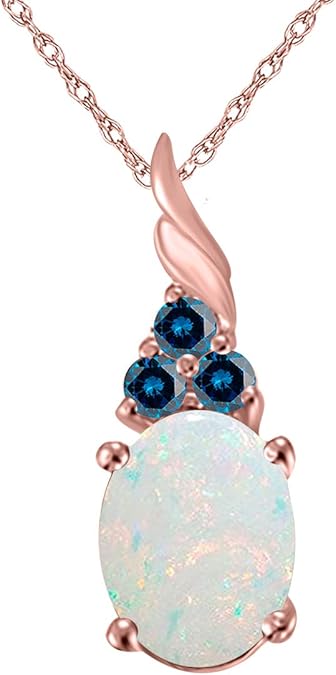 Dangling Style Pendant Necklace For Women In 14k Gold (Rose, White, Yellow) With 1.35 Cttw Oval Shape Opal And Blue Diamonds By Aone Jewelry, Best Valentinesday Gift