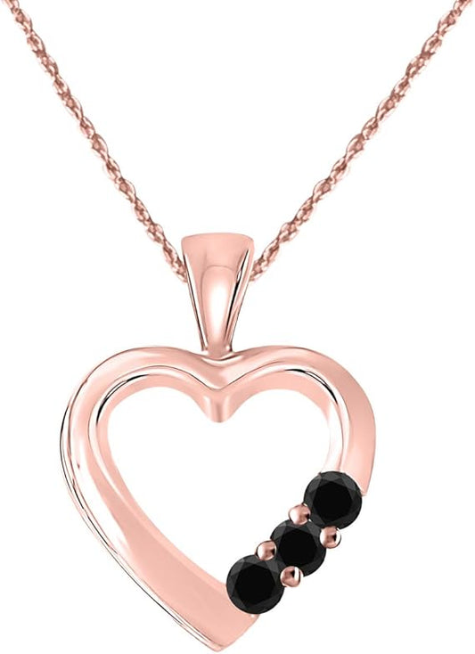 Heart-Shaped Black 0.20 Carat Diamond Three Stone Pendant in 10k Rose, White & Yellow Gold., Best Valentinesday Gift