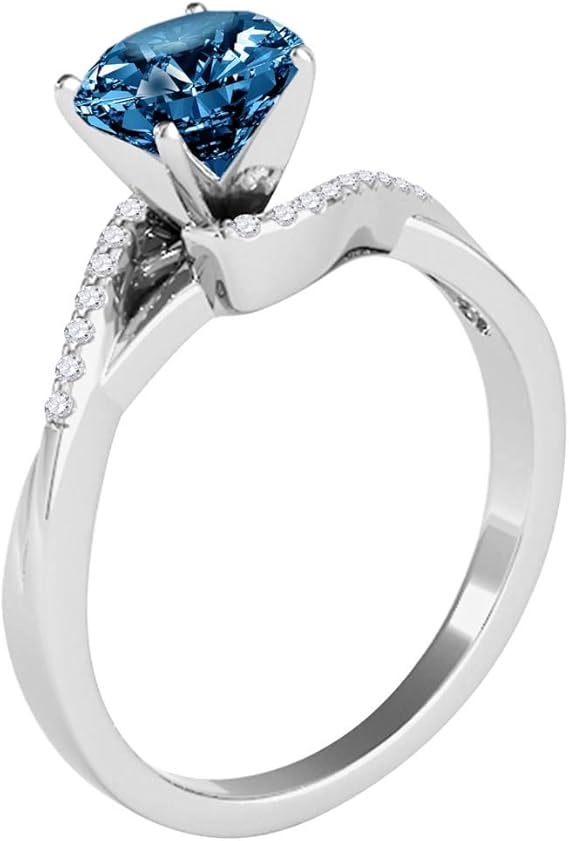 AoneJewelry Blue & White Diamond 1.10 Carat Solitaire Style Engagement Ring In 14K White Solid Gold, Best Valentinesday Gift